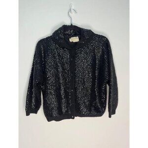 Riviera Sequin Wool Cardigan Sweater Womens 40 Black Vintage Beaded Button Up
